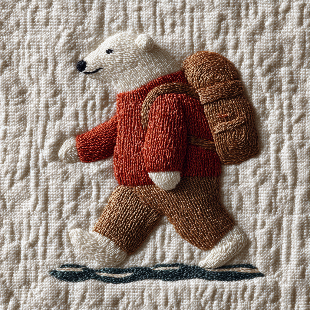 Minimalist embroidery depicting a polar mouse wearing an oversized red sweater and brown pants, walking with a backpack. The design is set against a white background, using a simple textured pattern, using a textured wool thread fabric in a muted color, in an oshare kei style --chaos 15 --raw --stylize 200