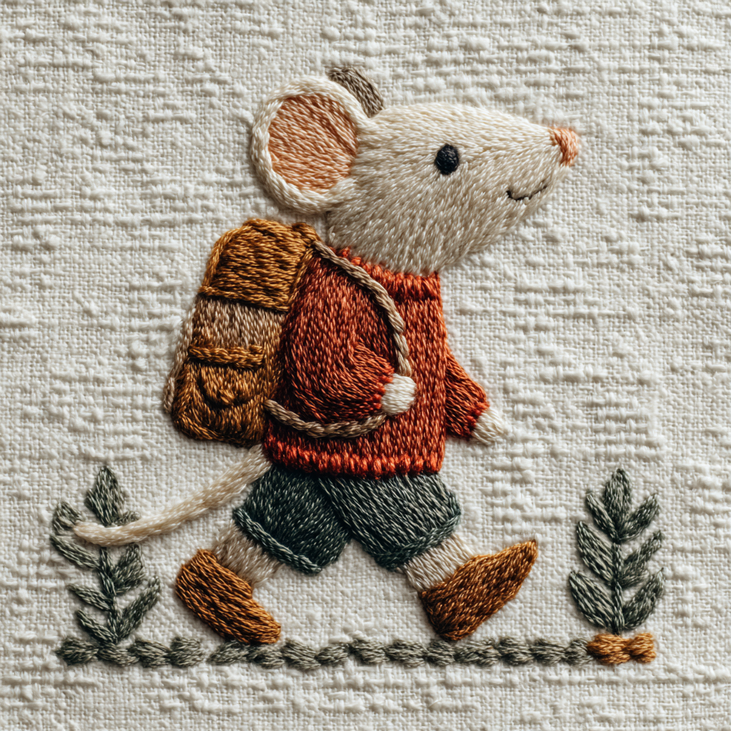 Minimalist embroidery depicting a polar mouse wearing an oversized red sweater and brown pants, walking with a backpack. The design is set against a white background, using a simple textured pattern, using a textured wool thread fabric in a muted color, in an oshare kei style --chaos 15 --raw --stylize 200